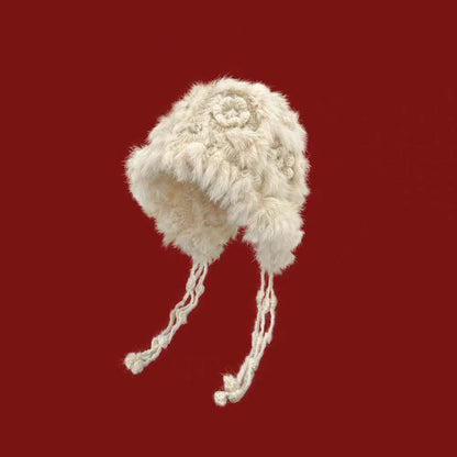 Rabbit Fur Flower Knitted Plush Hat for Women in Autumn