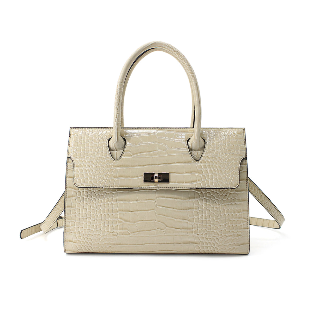 Crocodile Patterned Women's Beige Large Hand, Shoulder Bag