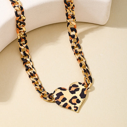 Fashion Retro Metal Leopard Print Heart Necklace