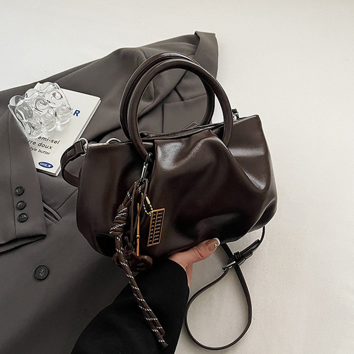 Wrinkled Tote Bag Waxed Leather Shoulder Crossbody Bag