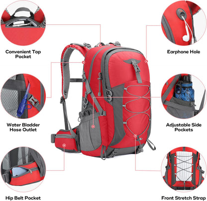 LAPOLAR Backpack,Camping Backpack,40L Waterproof Hiking Daypack with Rain Cover,Lightweight Travel Backpack,Red