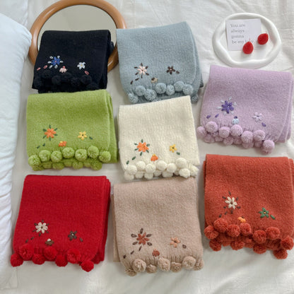 2024 New Cute Little Flower Ball Green Knitted Scarf