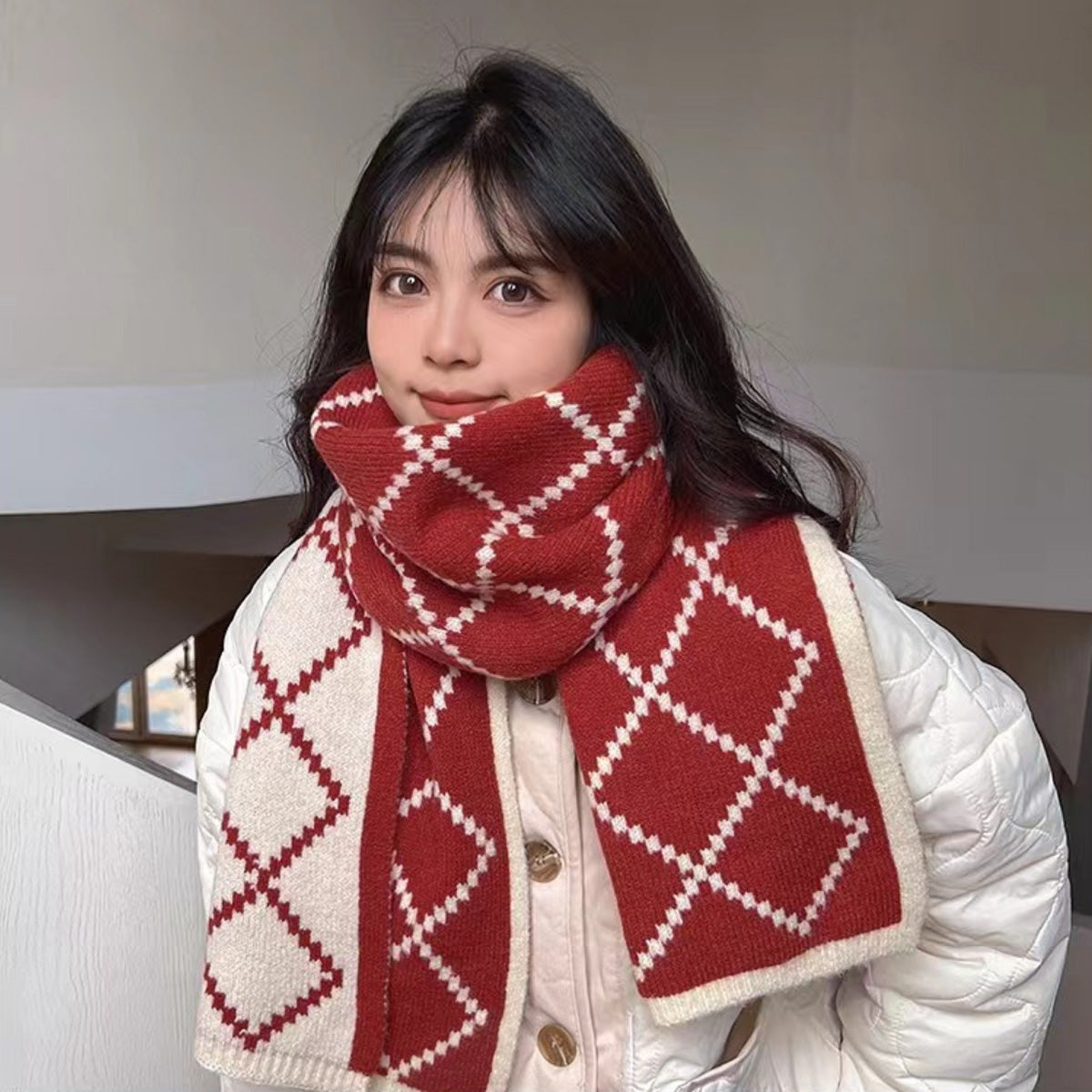 Red Christmas Tree Knitted Scarf for Women