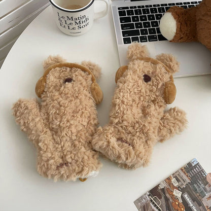 Cute Earphones Bear Plush Mittens
