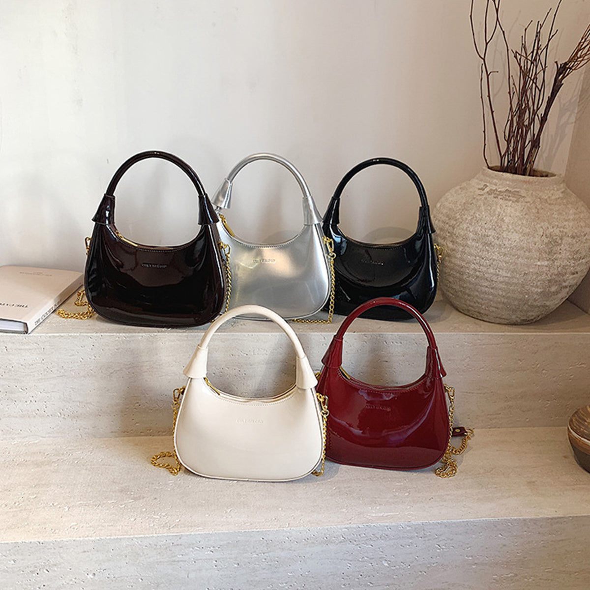 Burgundy Patent Leather  Handbag U-shaped Dumpling Bag