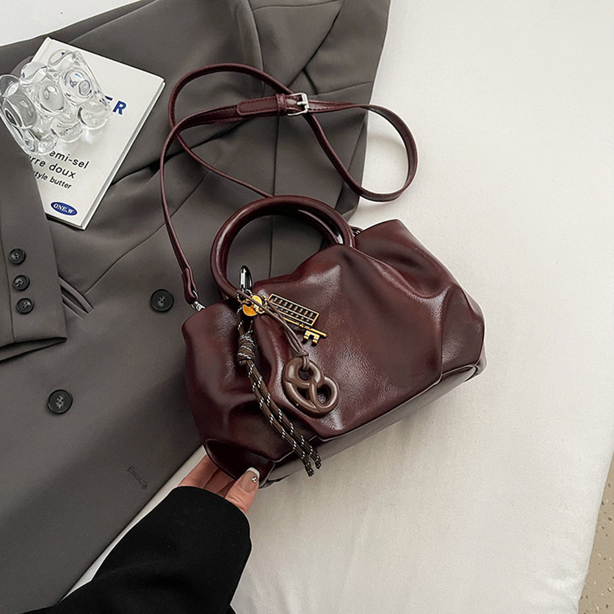 Wrinkled Tote Bag Waxed Leather Shoulder Crossbody Bag