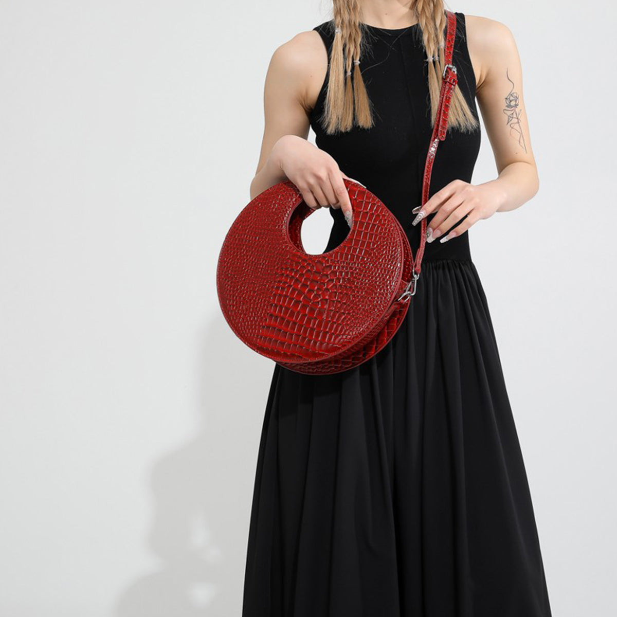 Round Patent Leather Shiny Stone Tote Bag