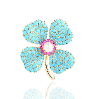 Blue Turquoise Lucky Four-leaf Flower Brooch