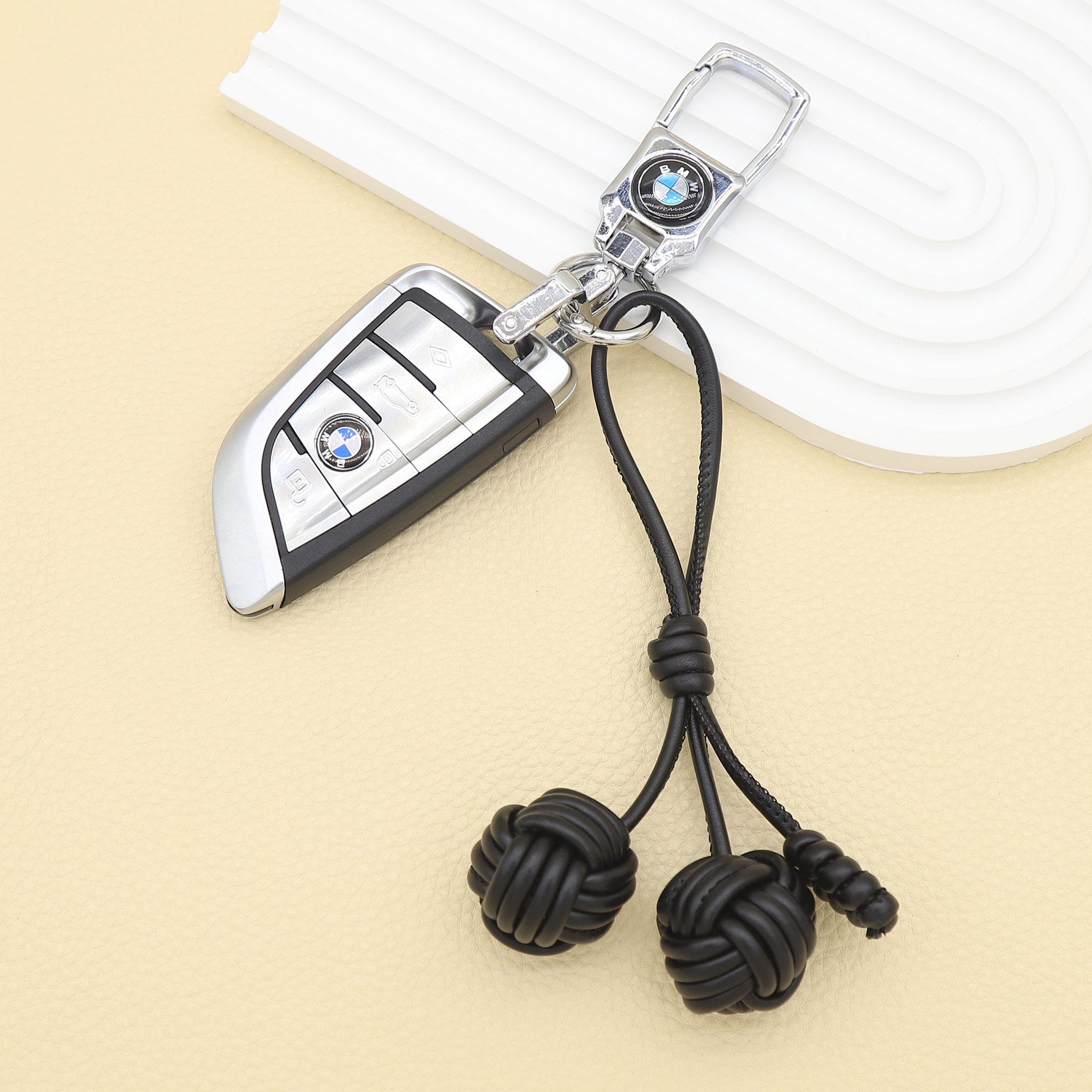 Handmade Customizable Keychain & Bag Charm: Miu-Style Woven Cherry & Two-Tone PU Ball Design