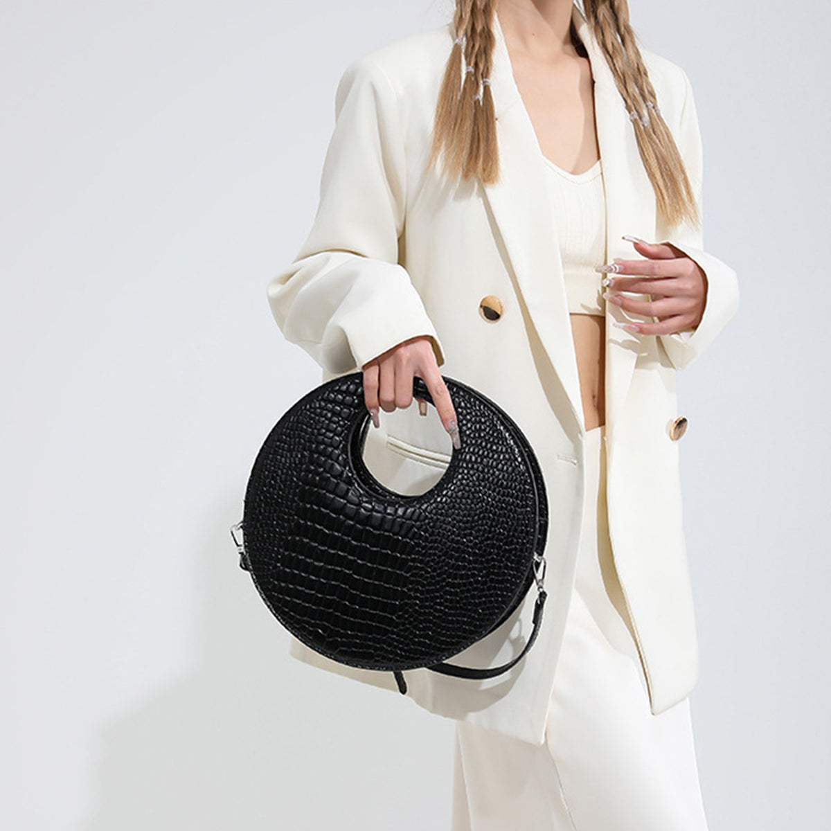 Round Patent Leather Shiny Stone Tote Bag