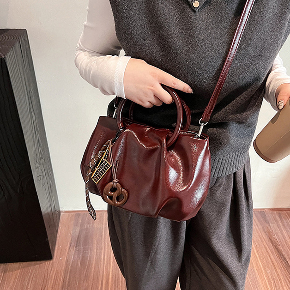 Wrinkled Tote Bag Waxed Leather Shoulder Crossbody Bag