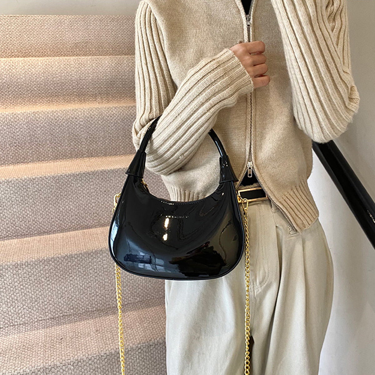 Burgundy Patent Leather  Handbag U-shaped Dumpling Bag