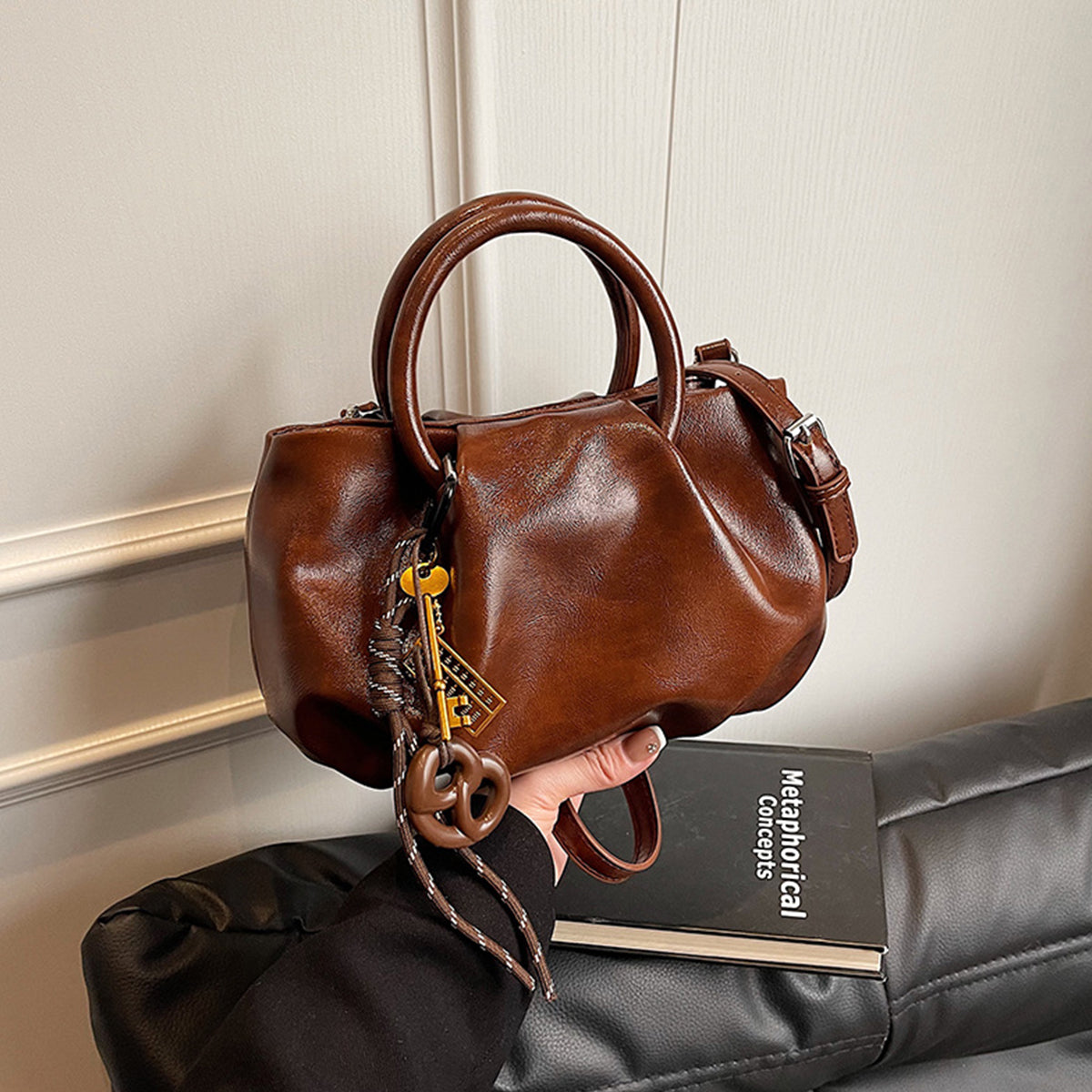 Wrinkled Tote Bag Waxed Leather Shoulder Crossbody Bag