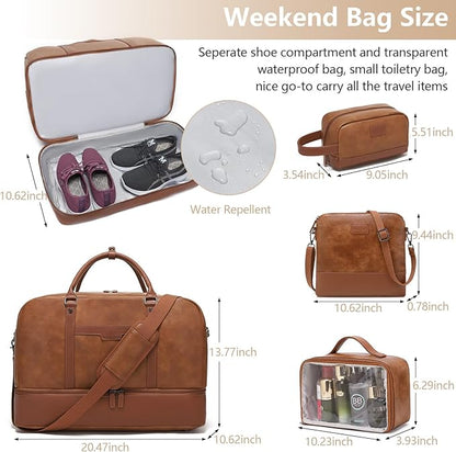 LAPOLAR Leather Travelling Bag Sets for Women Men Large Overnight Bag Travel Duffel Bag with Shoe Compartment Toiletry Satchel Bag Carry On Bag Fit 21" Laptop