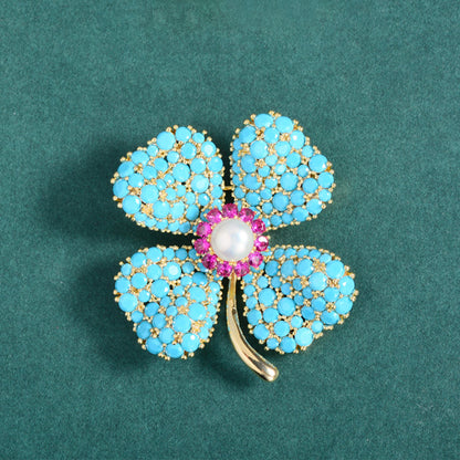 Blue Turquoise Lucky Four-leaf Flower Brooch