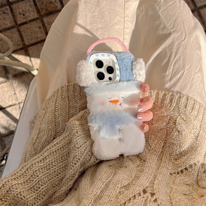 Plush Cute Snowman Gloves Earphones Hat Mobile Phone Case