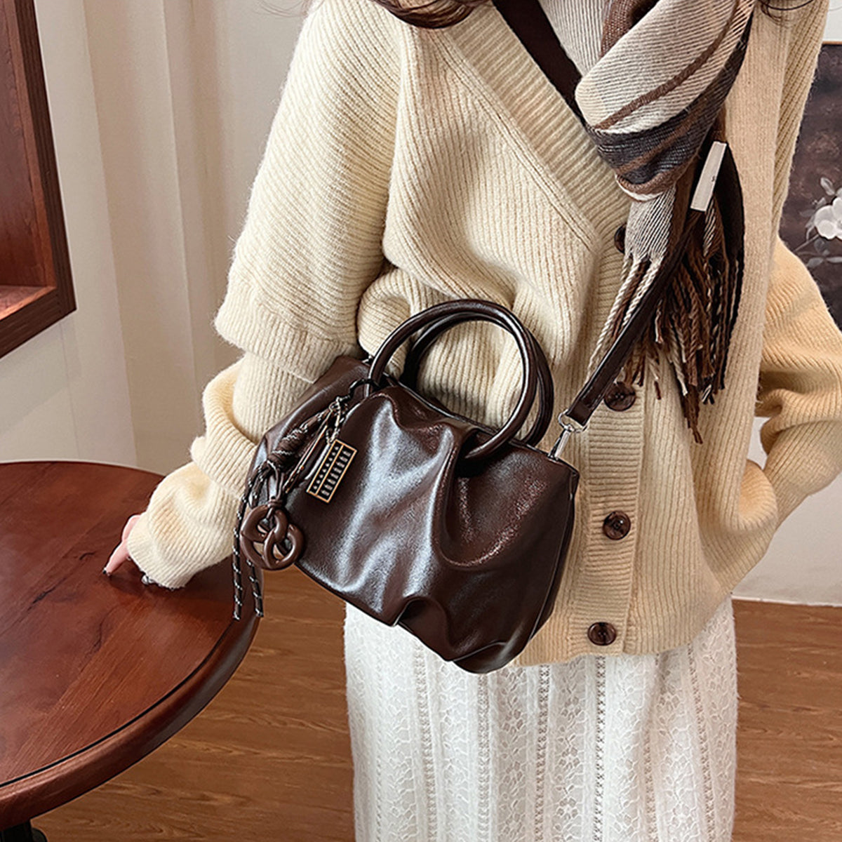Wrinkled Tote Bag Waxed Leather Shoulder Crossbody Bag