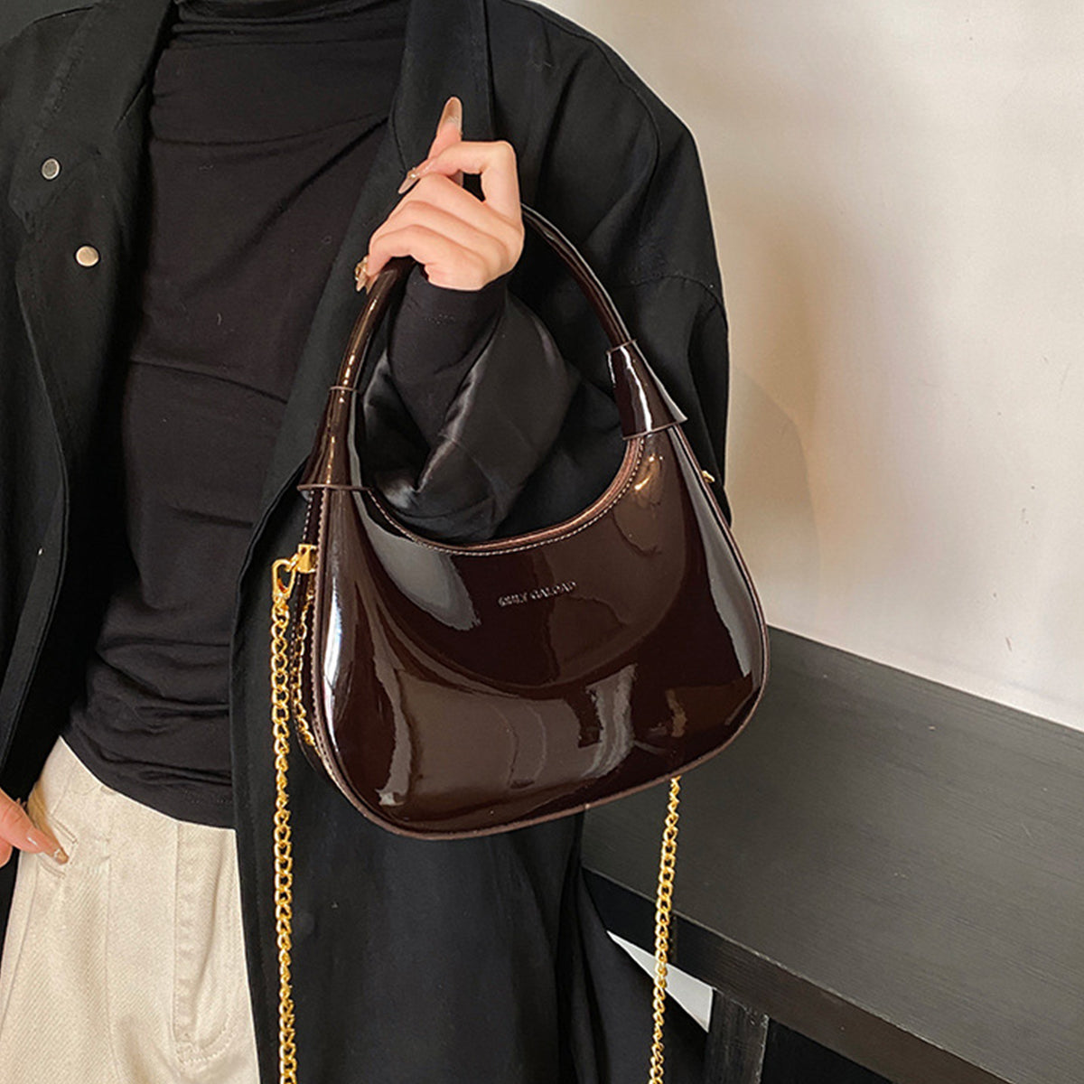 Burgundy Patent Leather  Handbag U-shaped Dumpling Bag