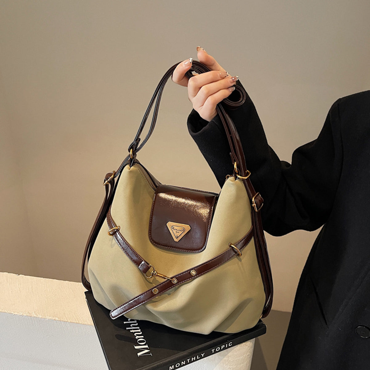 Retro Simple Patchwork Handbag Crossbody Backpack