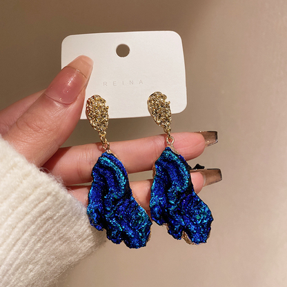Silver Needle Wrinkled Blue Metal Earrings