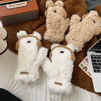 Cute Earphones Bear Plush Mittens