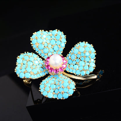 Blue Turquoise Lucky Four-leaf Flower Brooch