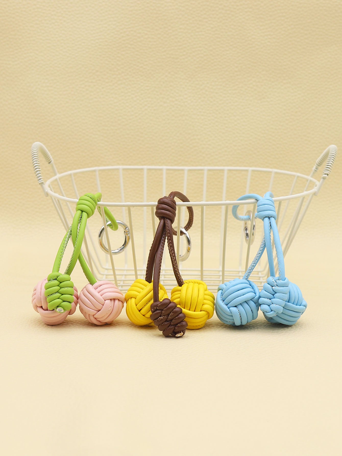 Handmade Customizable Keychain & Bag Charm: Miu-Style Woven Cherry & Two-Tone PU Ball Design