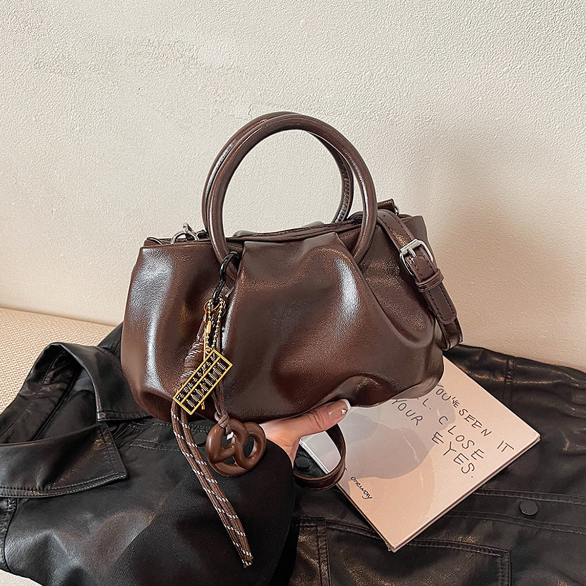 Wrinkled Tote Bag Waxed Leather Shoulder Crossbody Bag