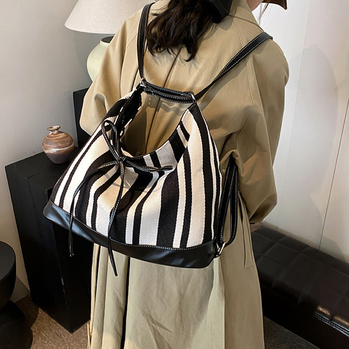 Students Striped Backpack Tote Bag Women's Bag