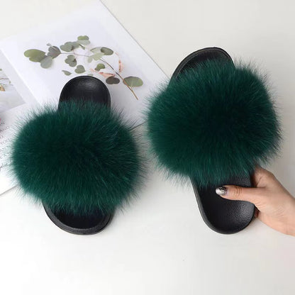Women Real Fox Fur Slippers Women Flat Non-slip Fashion Fur Slides