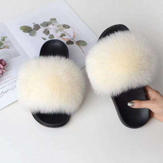 Women Real Fox Fur Slippers Women Flat Non-slip Fashion Fur Slides