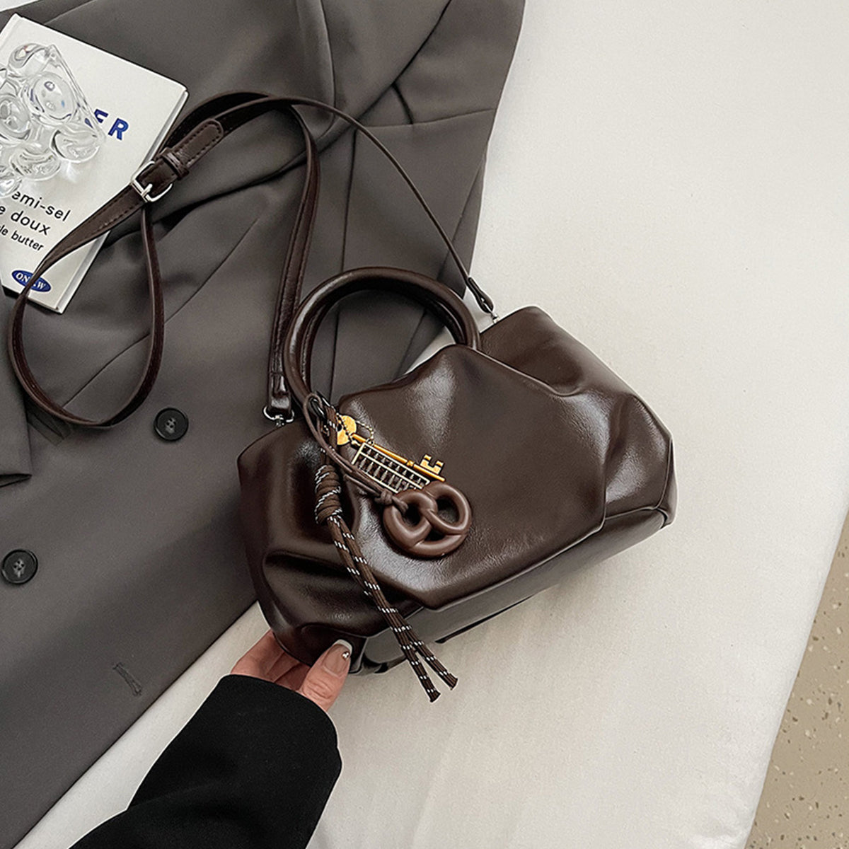 Wrinkled Tote Bag Waxed Leather Shoulder Crossbody Bag