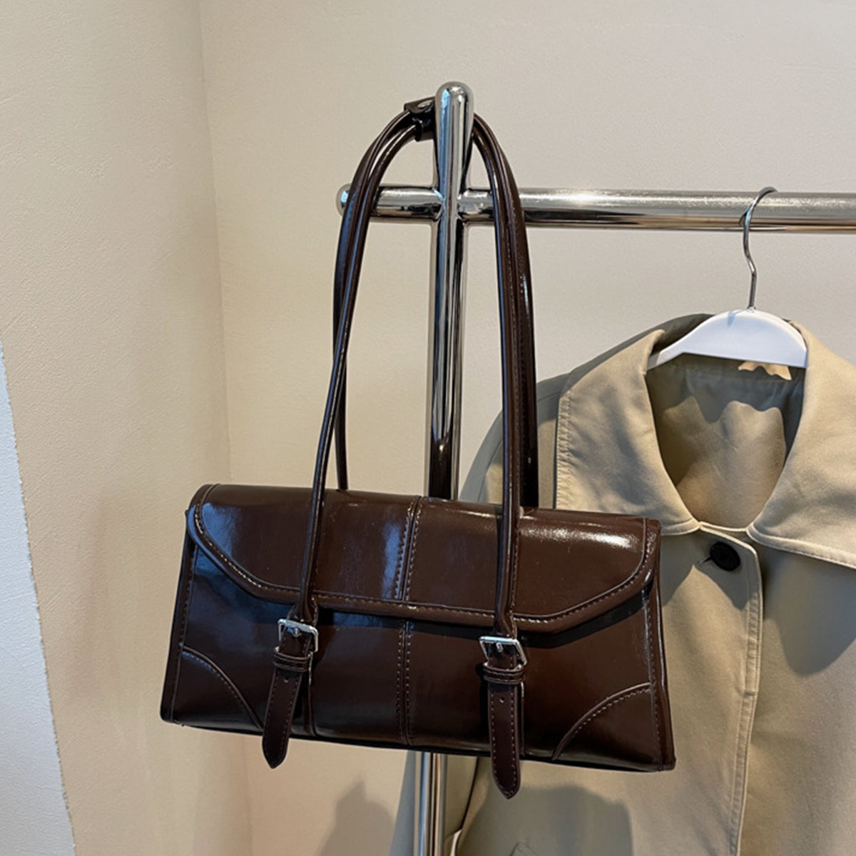 Wax Leather Shoulder  Underarm Bag Hand Baguette Bag