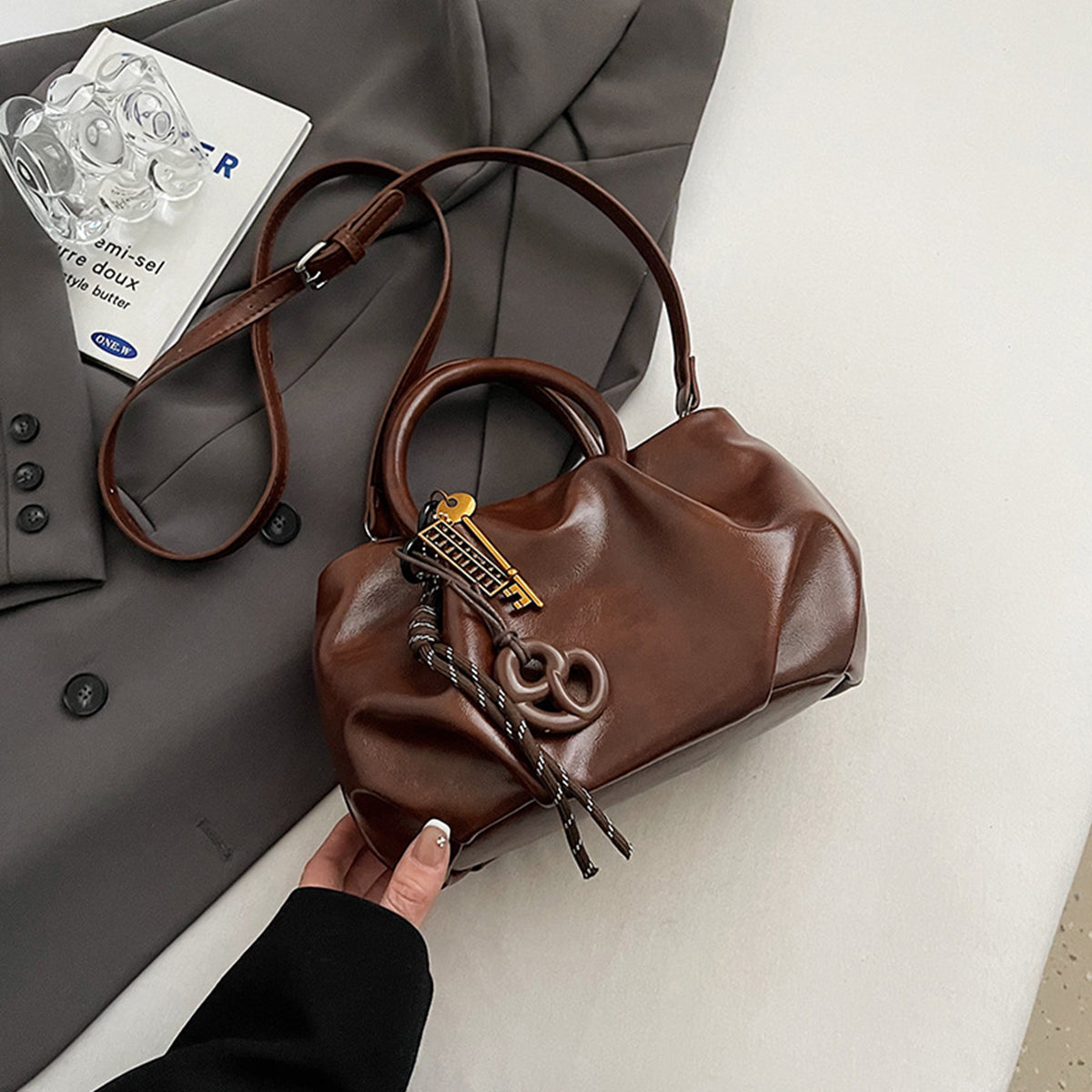 Wrinkled Tote Bag Waxed Leather Shoulder Crossbody Bag