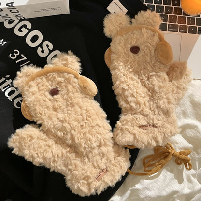 Cute Earphones Bear Plush Mittens
